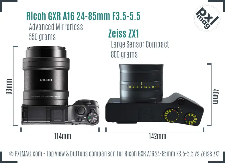 Ricoh GXR A16 24-85mm F3.5-5.5 vs Zeiss ZX1 top view buttons comparison
