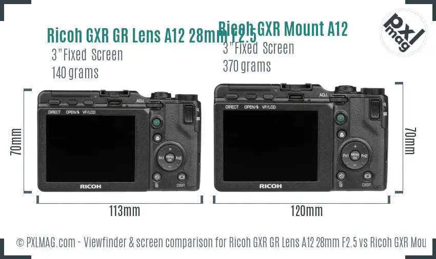 Ricoh GXR GR Lens A12 28mm F2.5 vs Ricoh GXR Mount A12 Screen and Viewfinder comparison