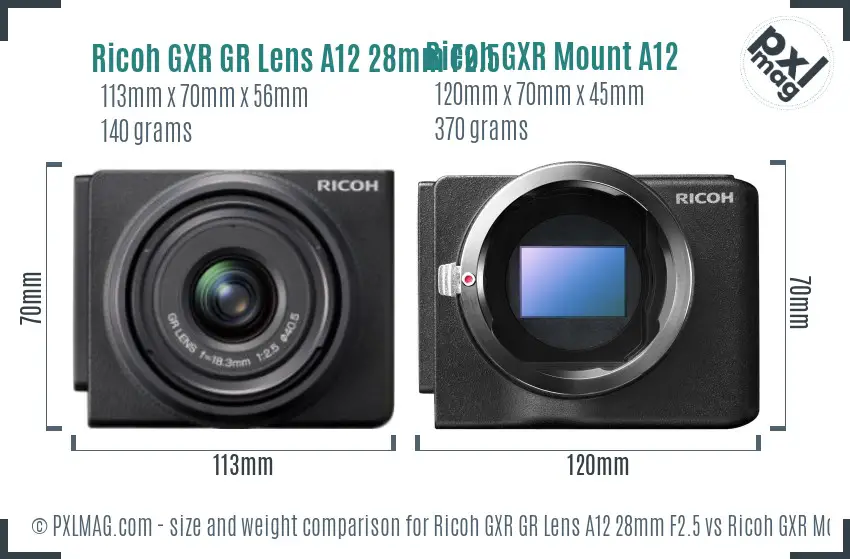Ricoh GXR GR Lens A12 28mm F2.5 vs Ricoh GXR Mount A12 size comparison