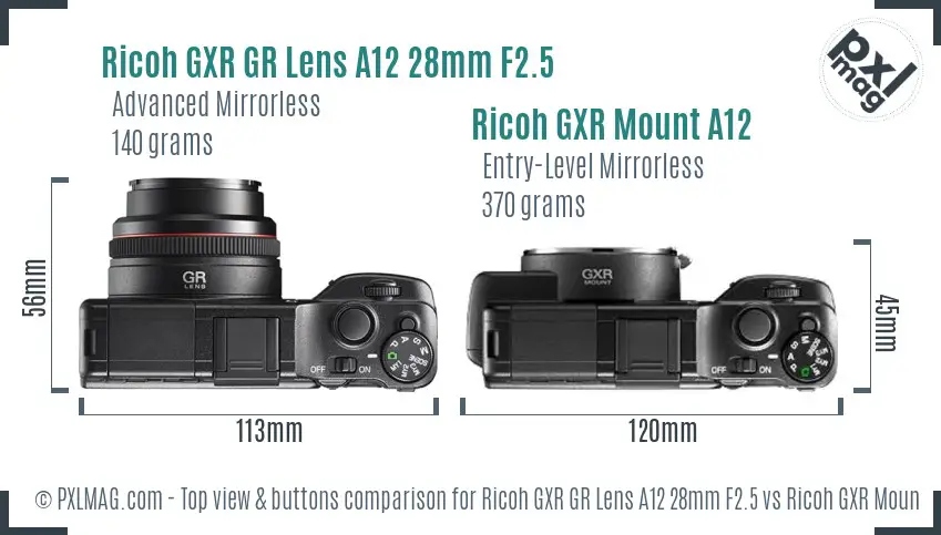 Ricoh GXR GR Lens A12 28mm F2.5 vs Ricoh GXR Mount A12 top view buttons comparison