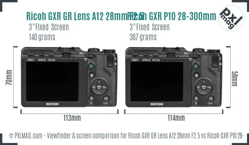 Ricoh GXR GR Lens A12 28mm F2.5 vs Ricoh GXR P10 28-300mm F3.5-5.6 VC Screen and Viewfinder comparison