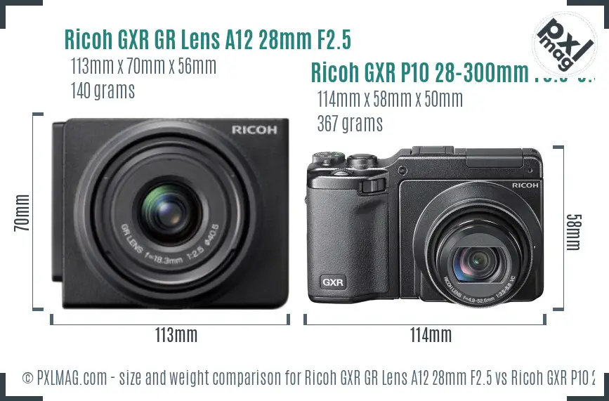 Ricoh GXR GR Lens A12 28mm F2.5 vs Ricoh GXR P10 28-300mm F3.5-5.6 VC size comparison