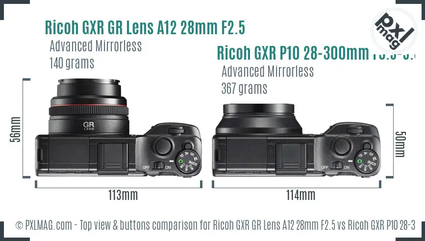 Ricoh GXR GR Lens A12 28mm F2.5 vs Ricoh GXR P10 28-300mm F3.5-5.6 VC top view buttons comparison