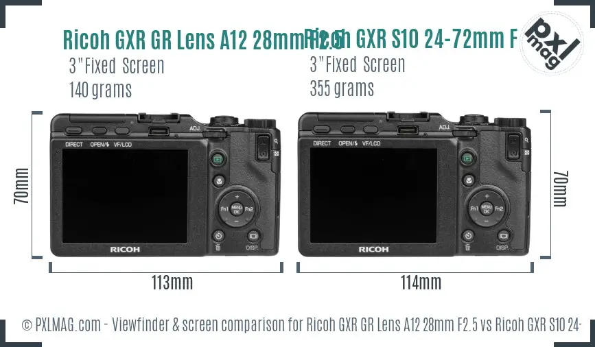 Ricoh GXR GR Lens A12 28mm F2.5 vs Ricoh GXR S10 24-72mm F2.5-4.4 VC Screen and Viewfinder comparison