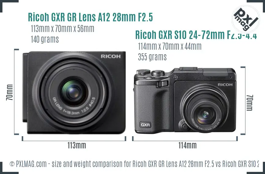 Ricoh GXR GR Lens A12 28mm F2.5 vs Ricoh GXR S10 24-72mm F2.5-4.4 VC size comparison