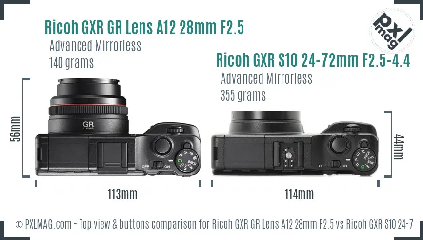 Ricoh GXR GR Lens A12 28mm F2.5 vs Ricoh GXR S10 24-72mm F2.5-4.4 VC top view buttons comparison