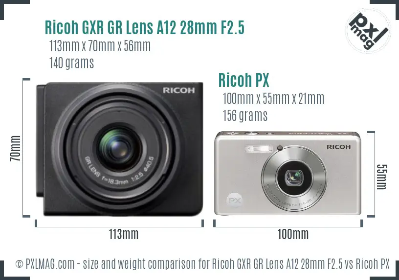 Ricoh GXR GR Lens A12 28mm F2.5 vs Ricoh PX size comparison