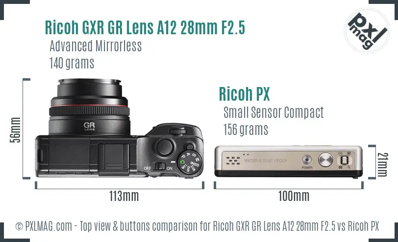 Ricoh GXR GR Lens A12 28mm F2.5 vs Ricoh PX top view buttons comparison