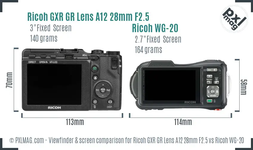 Ricoh GXR GR Lens A12 28mm F2.5 vs Ricoh WG-20 Screen and Viewfinder comparison
