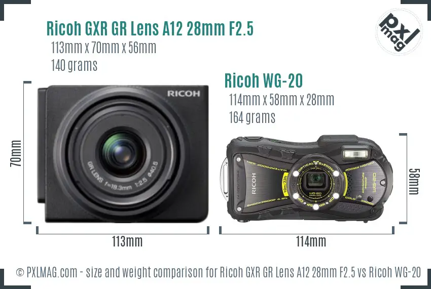 Ricoh GXR GR Lens A12 28mm F2.5 vs Ricoh WG-20 size comparison