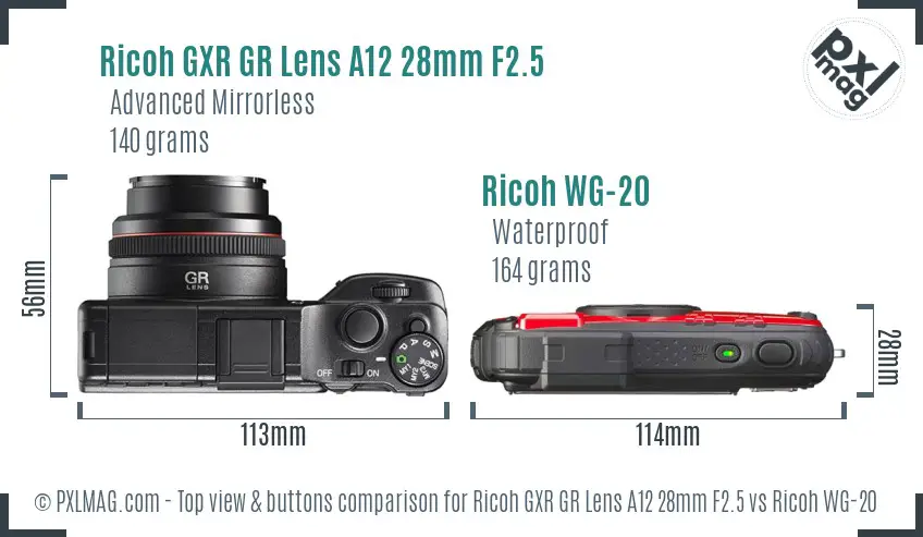 Ricoh GXR GR Lens A12 28mm F2.5 vs Ricoh WG-20 top view buttons comparison