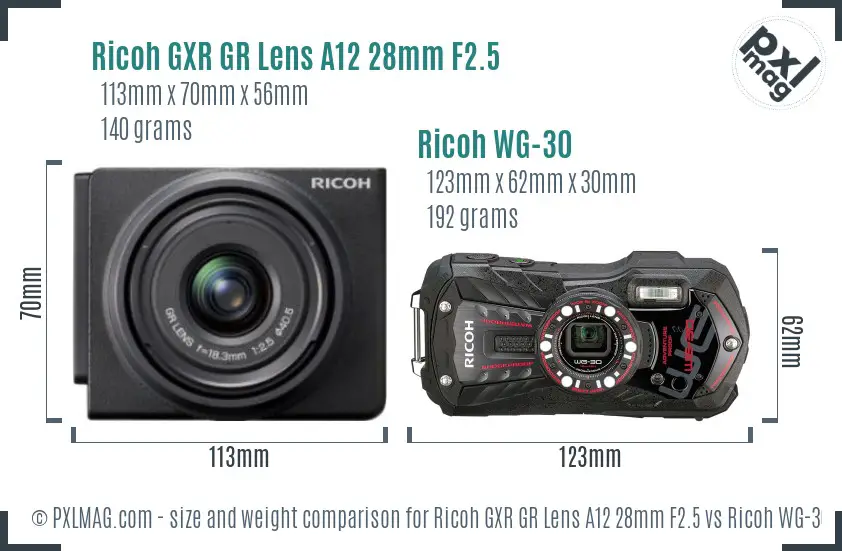 Ricoh GXR GR Lens A12 28mm F2.5 vs Ricoh WG-30 size comparison