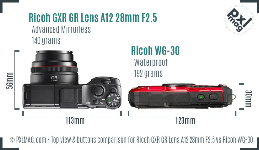 Ricoh GXR GR Lens A12 28mm F2.5 vs Ricoh WG-30 top view buttons comparison