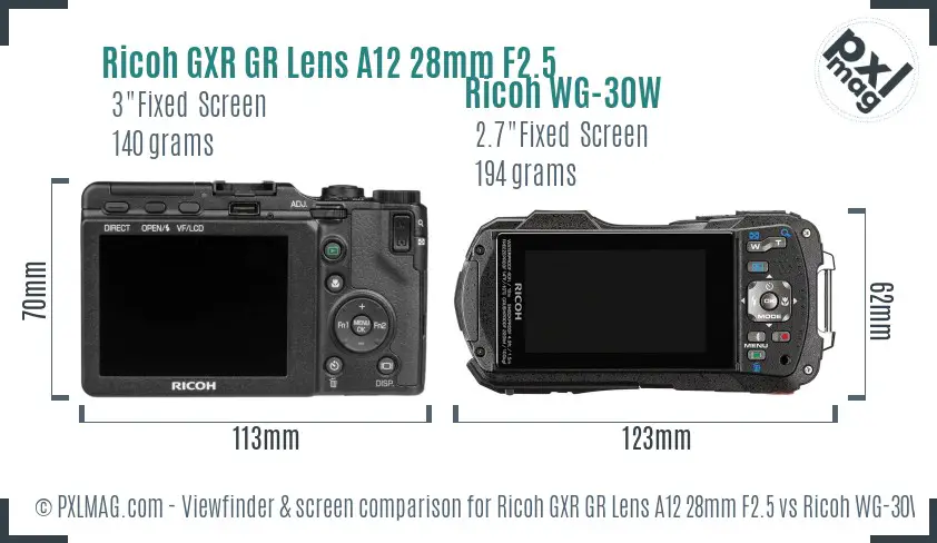 Ricoh GXR GR Lens A12 28mm F2.5 vs Ricoh WG-30W Screen and Viewfinder comparison