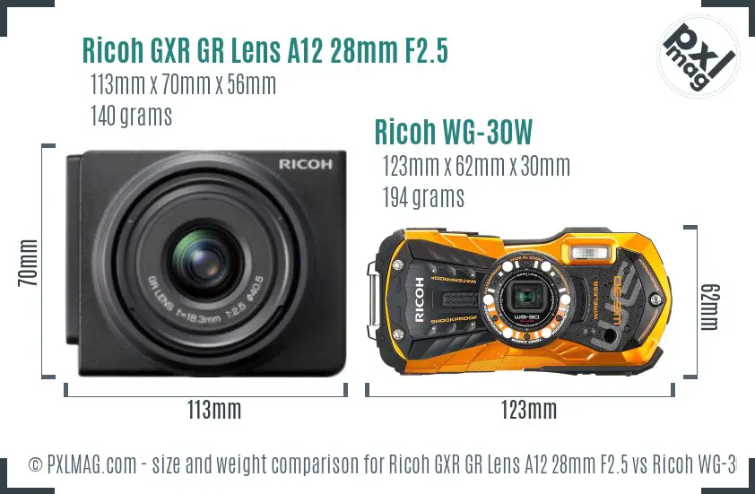 Ricoh GXR GR Lens A12 28mm F2.5 vs Ricoh WG-30W size comparison