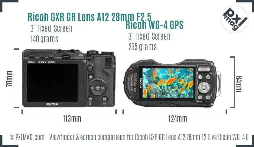 Ricoh GXR GR Lens A12 28mm F2.5 vs Ricoh WG-4 GPS Screen and Viewfinder comparison