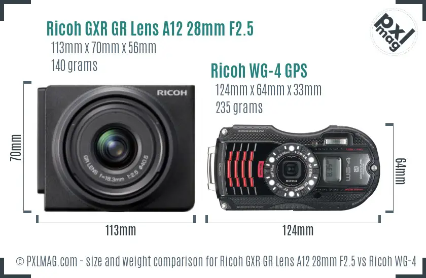 Ricoh GXR GR Lens A12 28mm F2.5 vs Ricoh WG-4 GPS size comparison