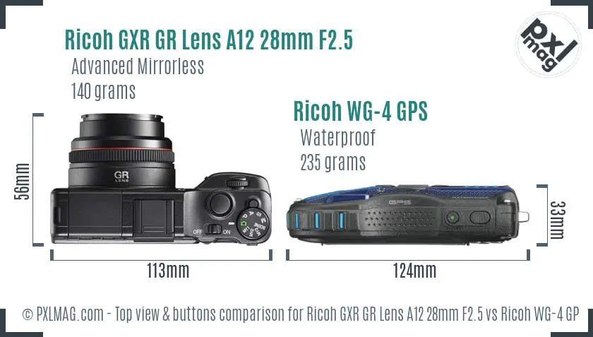 Ricoh GXR GR Lens A12 28mm F2.5 vs Ricoh WG-4 GPS top view buttons comparison