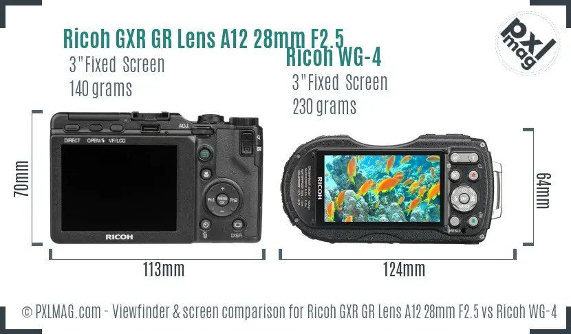 Ricoh GXR GR Lens A12 28mm F2.5 vs Ricoh WG-4 Screen and Viewfinder comparison