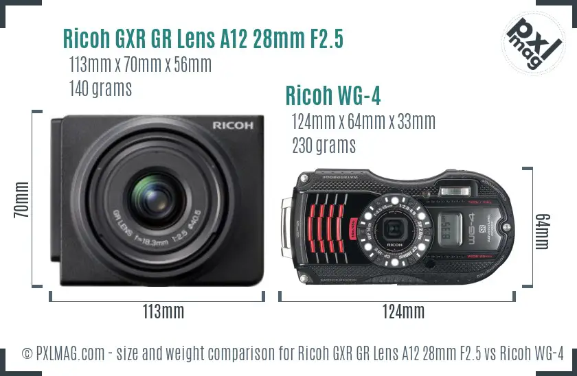 Ricoh GXR GR Lens A12 28mm F2.5 vs Ricoh WG-4 size comparison