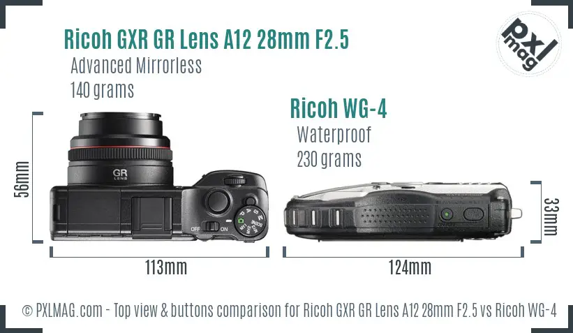 Ricoh GXR GR Lens A12 28mm F2.5 vs Ricoh WG-4 top view buttons comparison