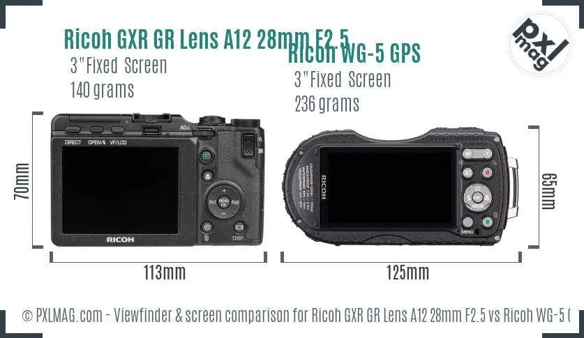 Ricoh GXR GR Lens A12 28mm F2.5 vs Ricoh WG-5 GPS Screen and Viewfinder comparison