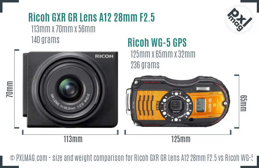 Ricoh GXR GR Lens A12 28mm F2.5 vs Ricoh WG-5 GPS size comparison