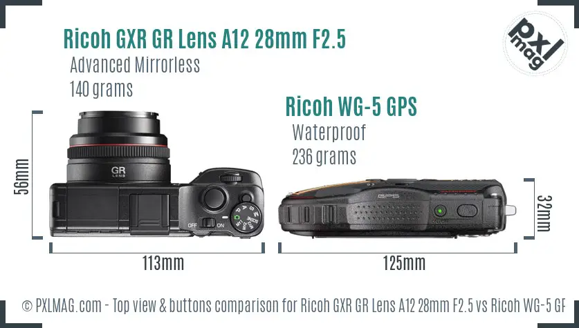 Ricoh GXR GR Lens A12 28mm F2.5 vs Ricoh WG-5 GPS top view buttons comparison
