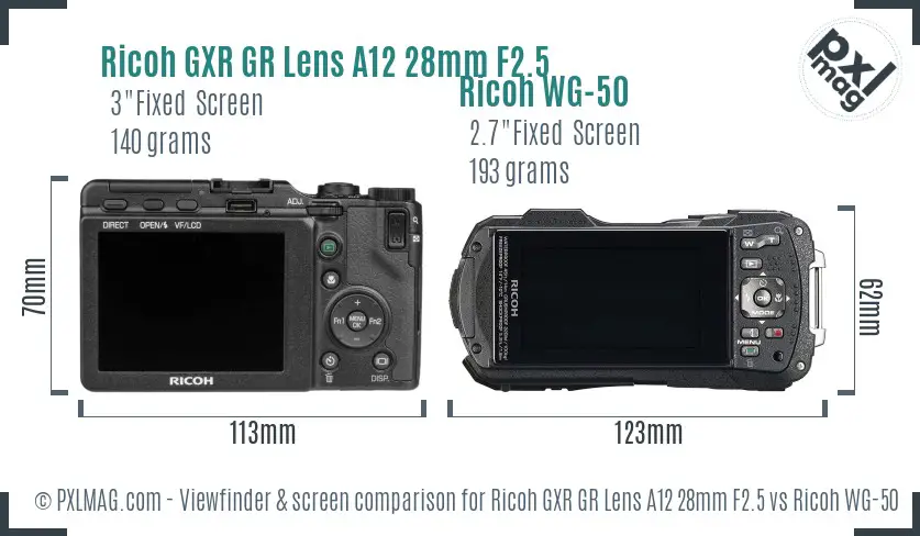 Ricoh GXR GR Lens A12 28mm F2.5 vs Ricoh WG-50 Screen and Viewfinder comparison