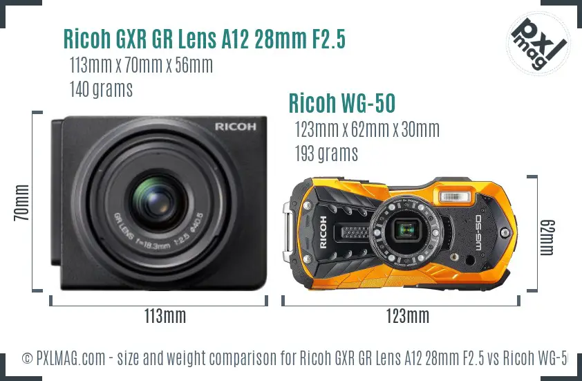 Ricoh GXR GR Lens A12 28mm F2.5 vs Ricoh WG-50 size comparison