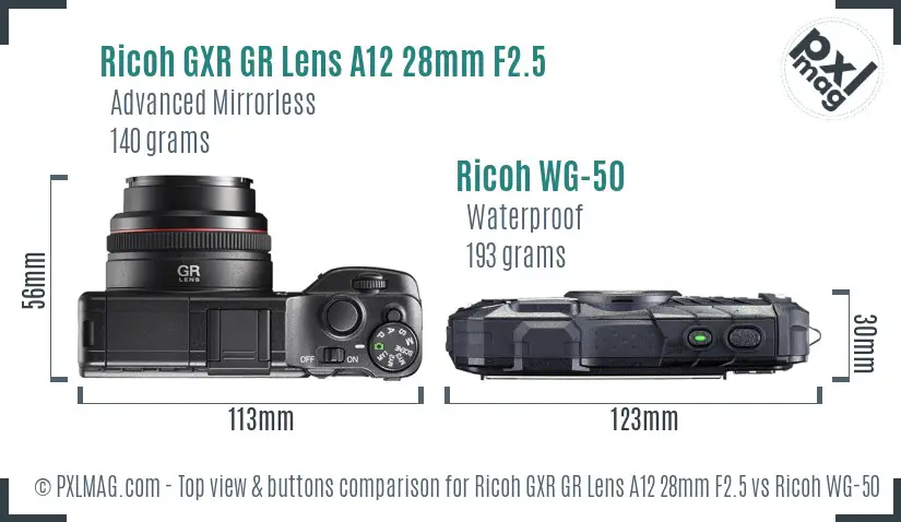 Ricoh GXR GR Lens A12 28mm F2.5 vs Ricoh WG-50 top view buttons comparison