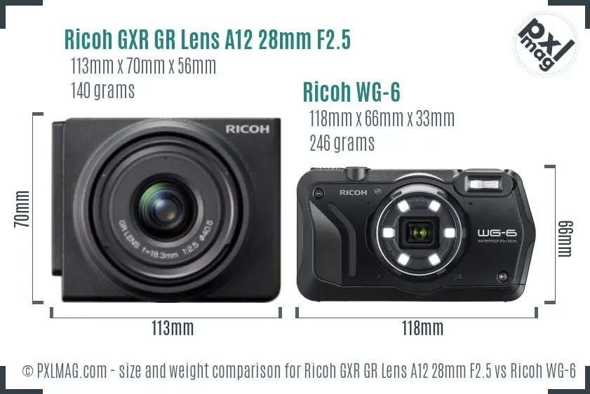 Ricoh GXR GR Lens A12 28mm F2.5 vs Ricoh WG-6 size comparison