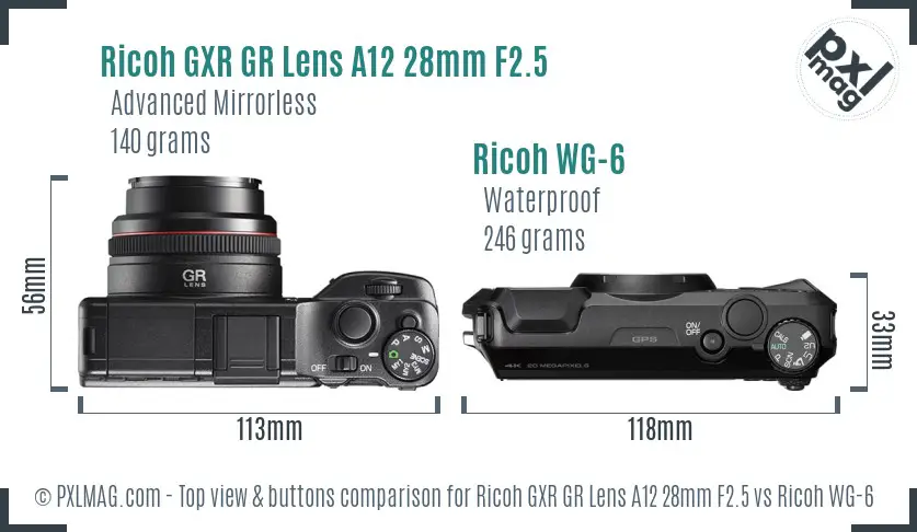 Ricoh GXR GR Lens A12 28mm F2.5 vs Ricoh WG-6 top view buttons comparison