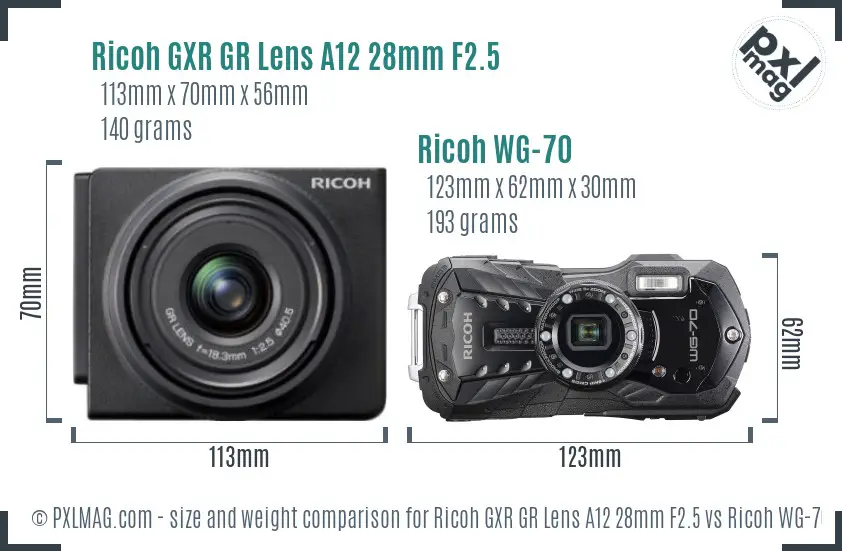 Ricoh GXR GR Lens A12 28mm F2.5 vs Ricoh WG-70 size comparison