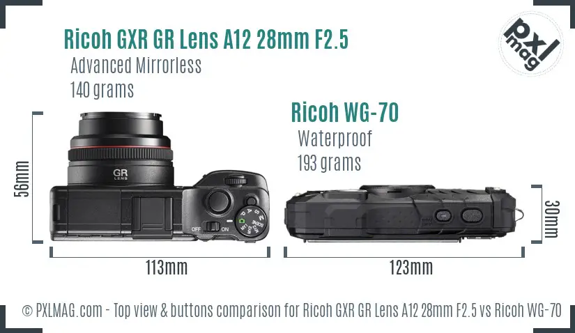 Ricoh GXR GR Lens A12 28mm F2.5 vs Ricoh WG-70 top view buttons comparison