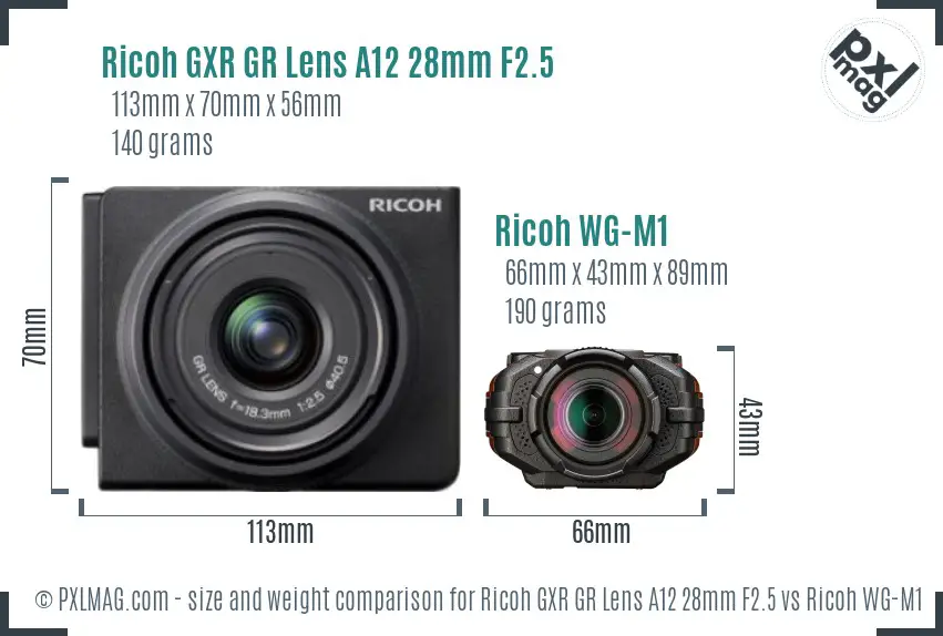 Ricoh GXR GR Lens A12 28mm F2.5 vs Ricoh WG-M1 size comparison