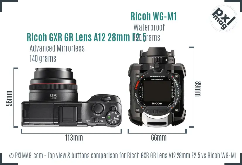 Ricoh GXR GR Lens A12 28mm F2.5 vs Ricoh WG-M1 top view buttons comparison