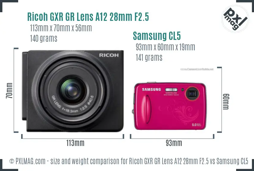 Ricoh GXR GR Lens A12 28mm F2.5 vs Samsung CL5 size comparison