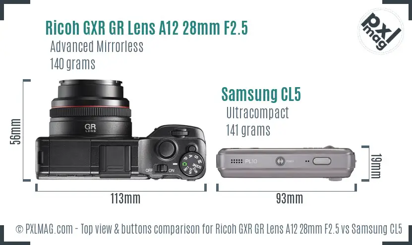 Ricoh GXR GR Lens A12 28mm F2.5 vs Samsung CL5 top view buttons comparison