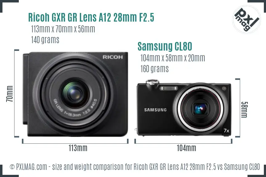Ricoh GXR GR Lens A12 28mm F2.5 vs Samsung CL80 size comparison