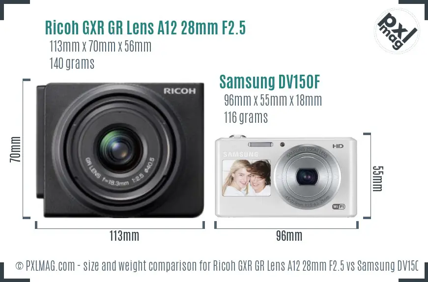 Ricoh GXR GR Lens A12 28mm F2.5 vs Samsung DV150F size comparison