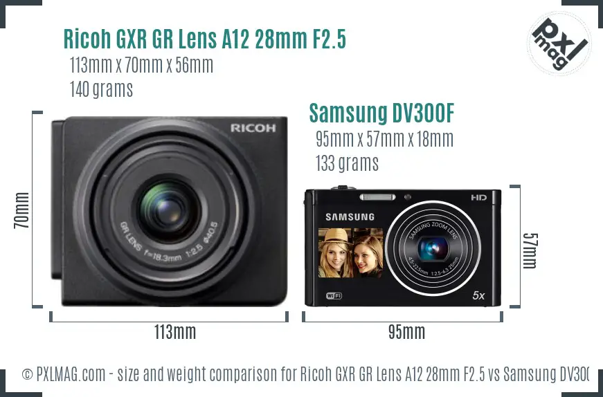 Ricoh GXR GR Lens A12 28mm F2.5 vs Samsung DV300F size comparison