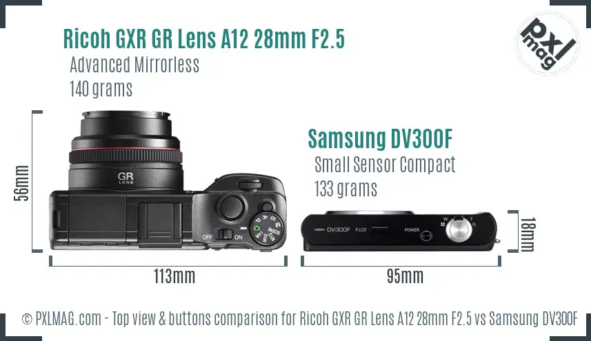Ricoh GXR GR Lens A12 28mm F2.5 vs Samsung DV300F top view buttons comparison