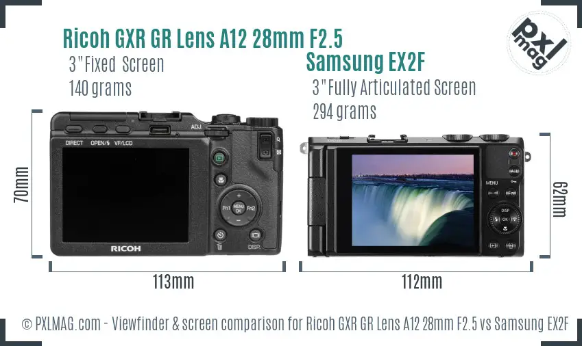 Ricoh GXR GR Lens A12 28mm F2.5 vs Samsung EX2F Screen and Viewfinder comparison