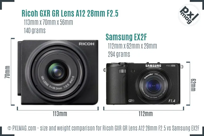 Ricoh GXR GR Lens A12 28mm F2.5 vs Samsung EX2F size comparison