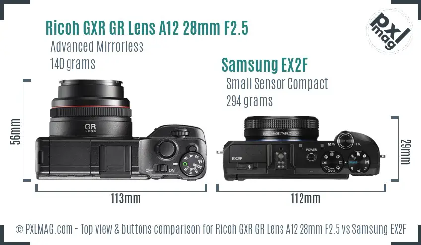 Ricoh GXR GR Lens A12 28mm F2.5 vs Samsung EX2F top view buttons comparison