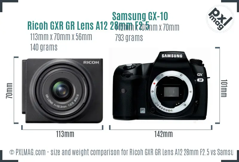 Ricoh GXR GR Lens A12 28mm F2.5 vs Samsung GX-10 size comparison