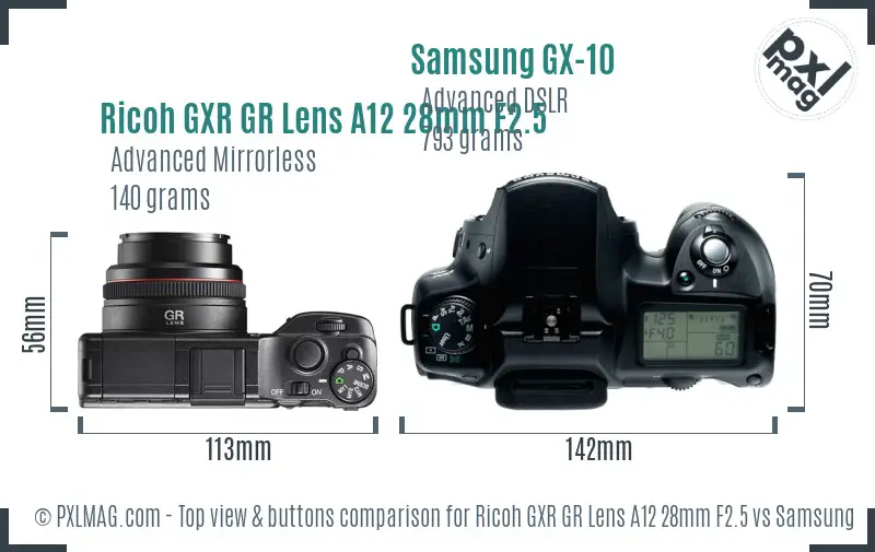 Ricoh GXR GR Lens A12 28mm F2.5 vs Samsung GX-10 top view buttons comparison