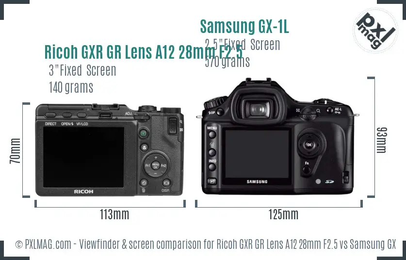 Ricoh GXR GR Lens A12 28mm F2.5 vs Samsung GX-1L Screen and Viewfinder comparison