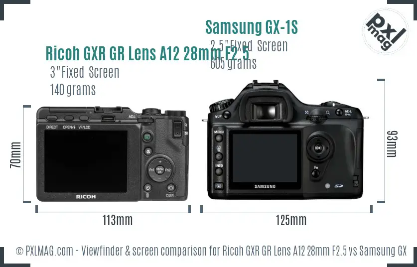 Ricoh GXR GR Lens A12 28mm F2.5 vs Samsung GX-1S Screen and Viewfinder comparison